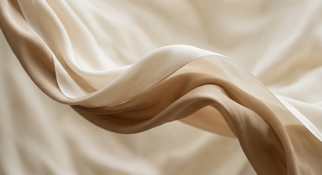 firefly gemini flash flowing silk fabric in motion, warm beige and ivory tones, soft shadows, elegant and 379166